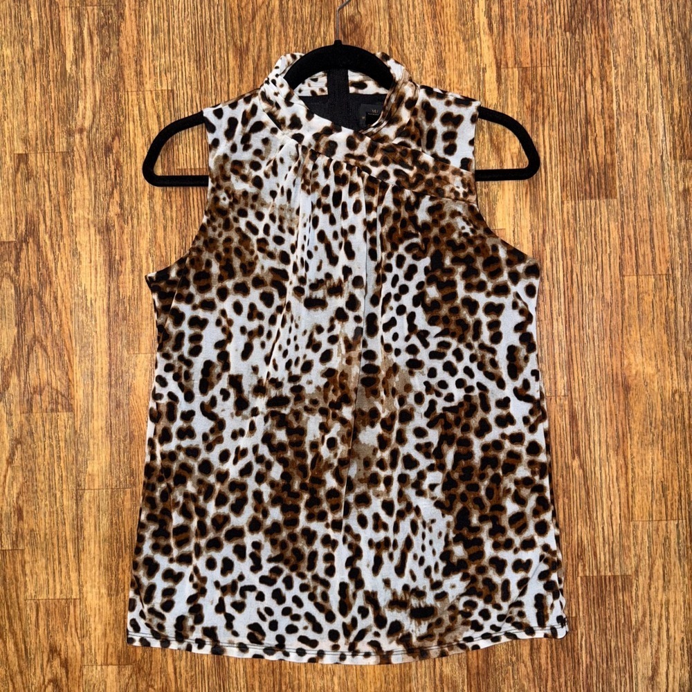 Worthington Leopard Print Sleeveless Blouse Mock Neck Zip Back Size M Y2K Vibes